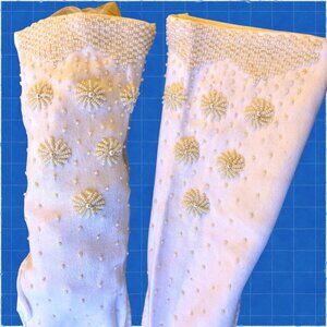 Vintage Hong Kong White Gloves With Beads Flowers Mid Elbow Length Womens 7
